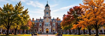 A campus clock tower framed by autumn trees