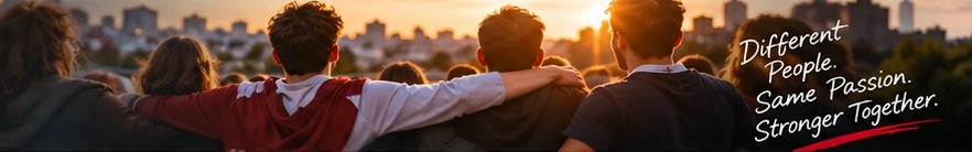 Friends standing arm in arm at sunset. Different People. Same Passion. Stronger Together.