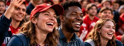 Smiling fans cheering together in the stands